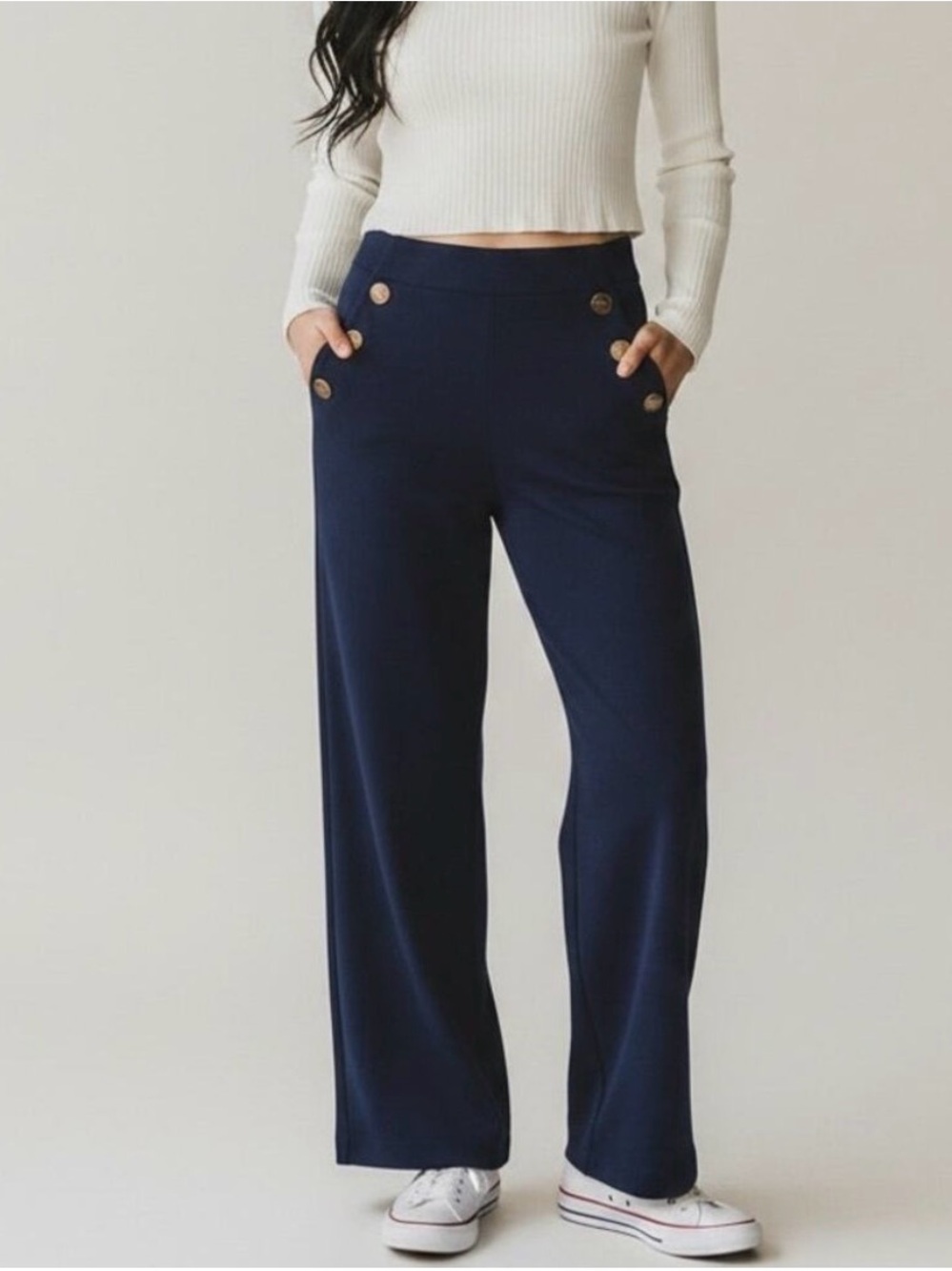 Spanx Charcoal Heather Wide-Leg Button-Accent Ponte Pants Size Large